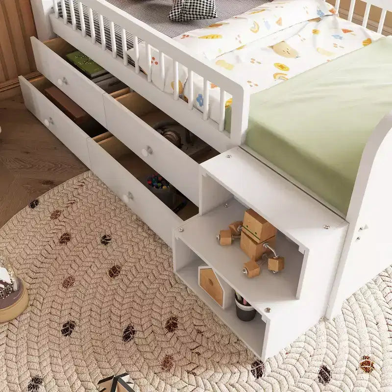 Low Twin Loft Bed with LED Lights, House Shape Headboard & Storage Drawers