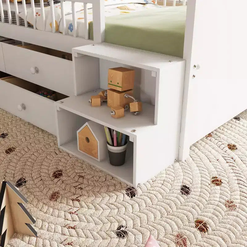 Low Twin Loft Bed with LED Lights, House Shape Headboard & Storage Drawers