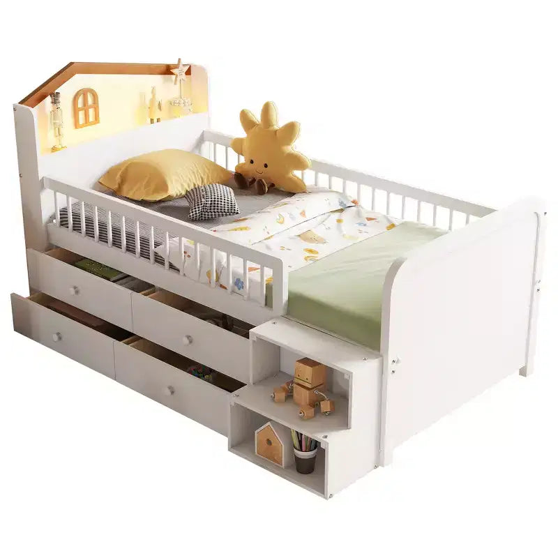 Low Twin Loft Bed with LED Lights, House Shape Headboard & Storage Drawers