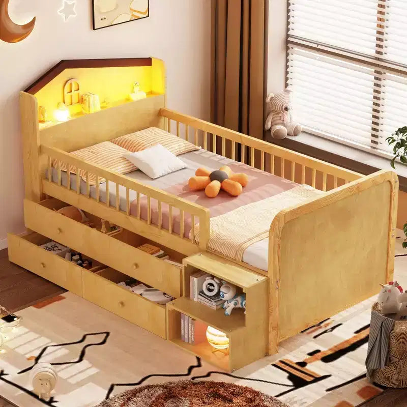 Low Twin Loft Bed with LED Lights, House Shape Headboard & Storage Drawers