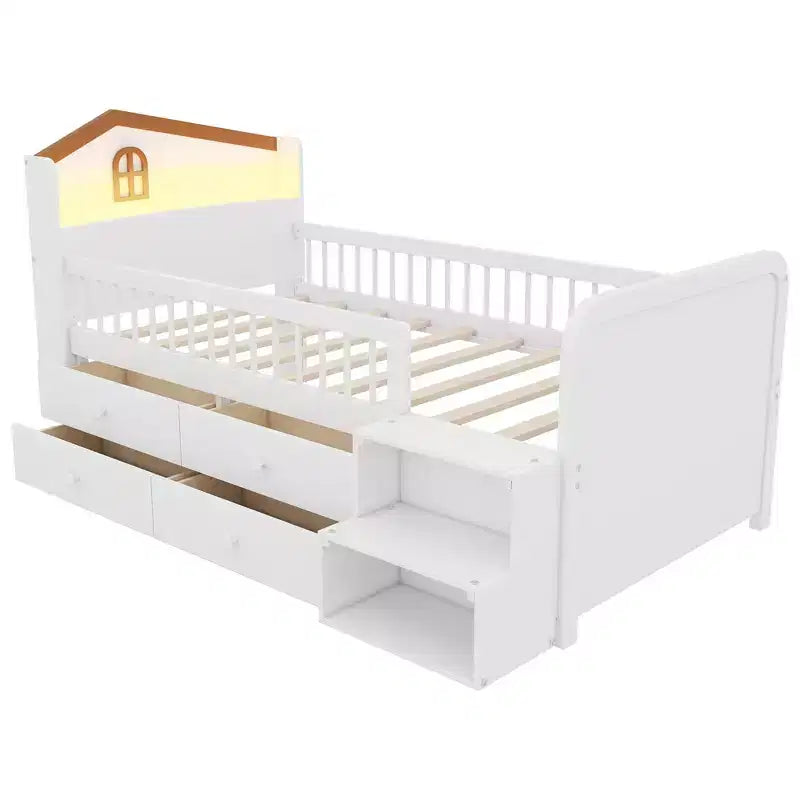 Low Twin Loft Bed with LED Lights, House Shape Headboard & Storage Drawers