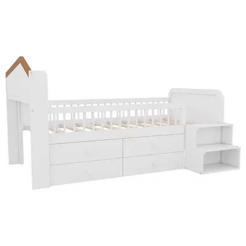 Low Twin Loft Bed with LED Lights, House Shape Headboard & Storage Drawers