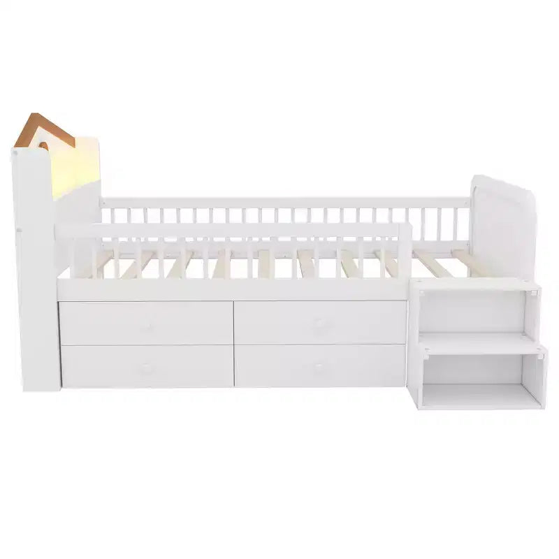 Low Twin Loft Bed with LED Lights, House Shape Headboard & Storage Drawers