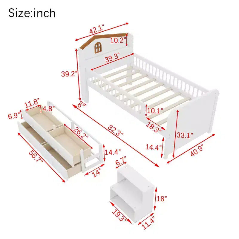 Low Twin Loft Bed with LED Lights, House Shape Headboard & Storage Drawers