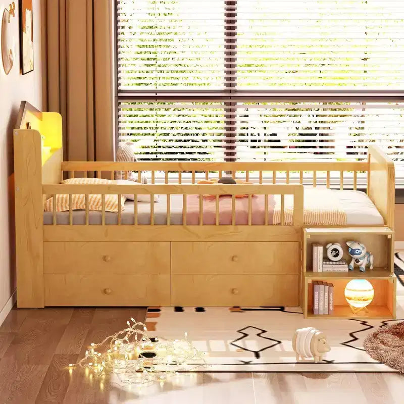 Low Twin Loft Bed with LED Lights, House Shape Headboard & Storage Drawers