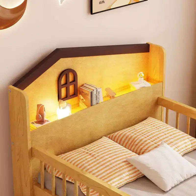 Low Twin Loft Bed with LED Lights, House Shape Headboard & Storage Drawers