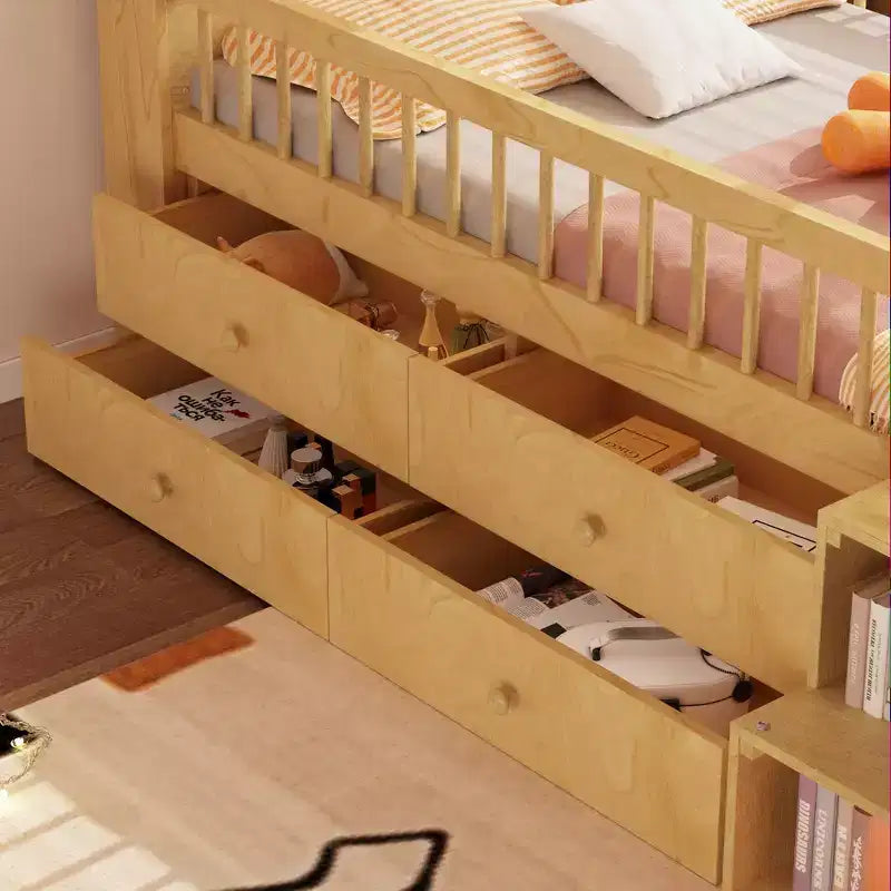 Low Twin Loft Bed with LED Lights, House Shape Headboard & Storage Drawers