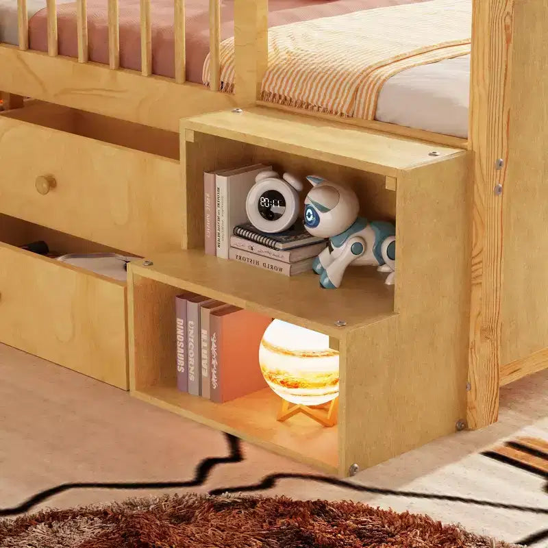 Low Twin Loft Bed with LED Lights, House Shape Headboard & Storage Drawers
