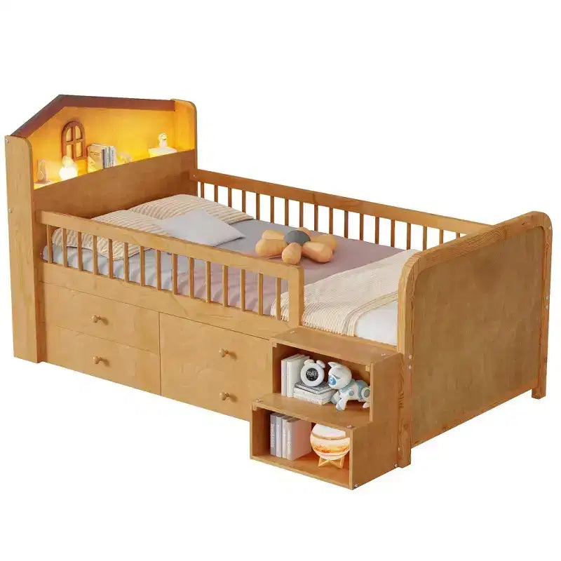 Low Twin Loft Bed with LED Lights, House Shape Headboard & Storage Drawers