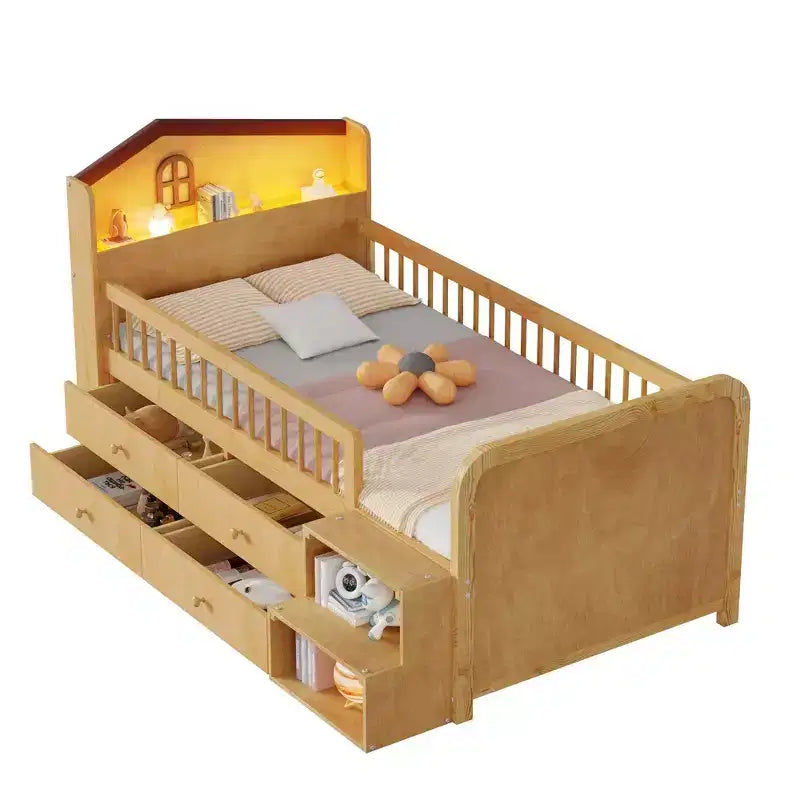 Low Twin Loft Bed with LED Lights, House Shape Headboard & Storage Drawers