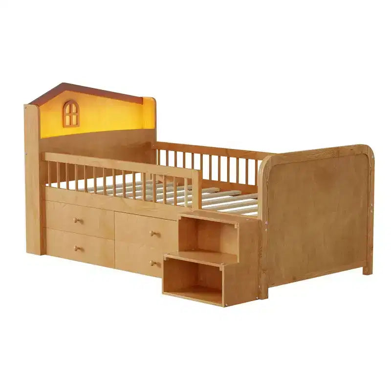 Low Twin Loft Bed with LED Lights, House Shape Headboard & Storage Drawers
