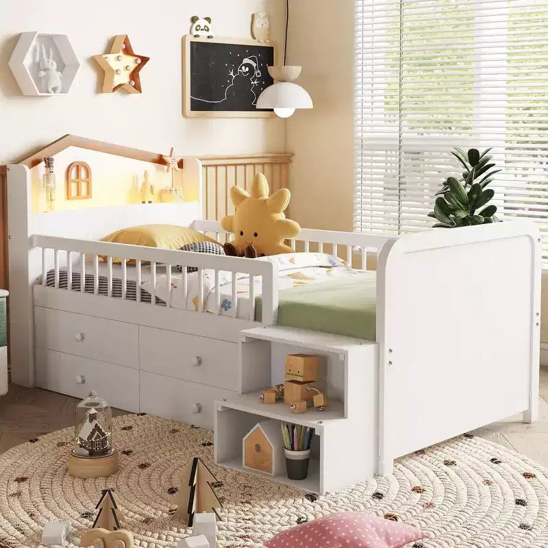 Low Twin Loft Bed with LED Lights, House Shape Headboard & Storage Drawers