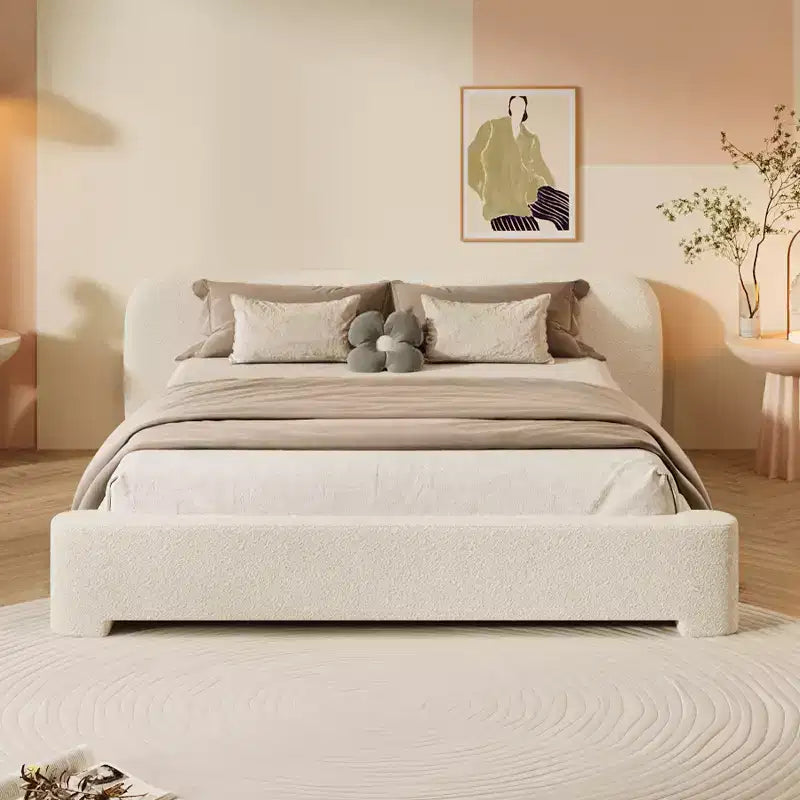 Elegant Platform Bed, Boucle Fabric Upholstered Bed Frame with Soft Headboard, Full/Queen/King Size, White