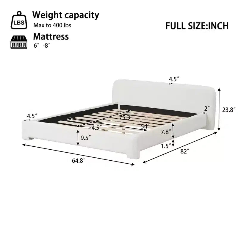 Elegant Platform Bed, Boucle Fabric Upholstered Bed Frame with Soft Headboard, Full/Queen/King Size, White