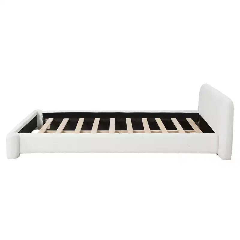 Elegant Platform Bed, Boucle Fabric Upholstered Bed Frame with Soft Headboard, Full/Queen/King Size, White
