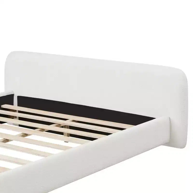 Elegant Platform Bed, Boucle Fabric Upholstered Bed Frame with Soft Headboard, Full/Queen/King Size, White