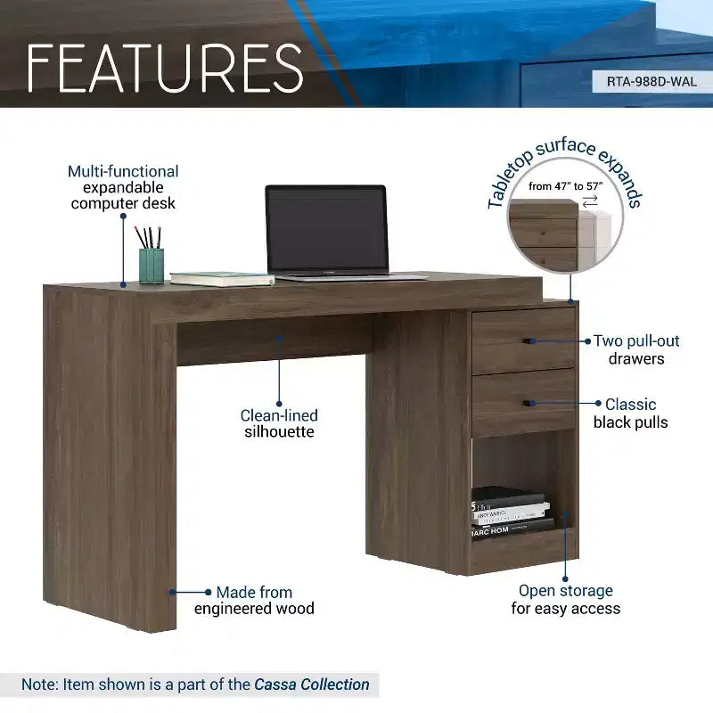 47.5IN Modern Expandable Home Office Desk with 2 Drawers and 1 Shelf