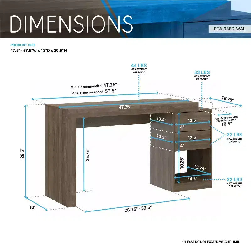 47.5IN Modern Expandable Home Office Desk with 2 Drawers and 1 Shelf