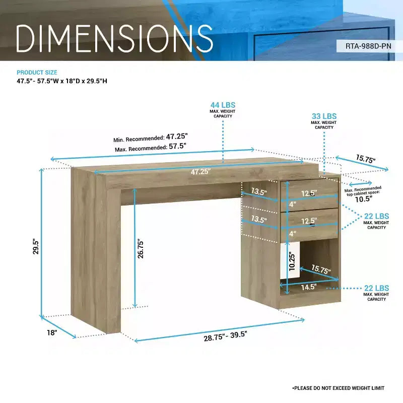 47.5IN Modern Expandable Home Office Desk with 2 Drawers and 1 Shelf