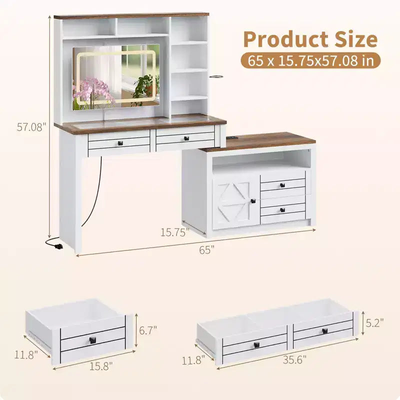 Corner Makeup Vanity with LED Mirror, Glass Top, Outlets & USB, 1 Door, 4 Drawers, 7 Shelves