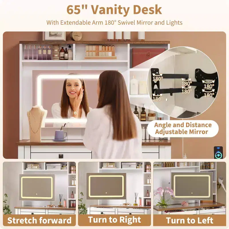 Corner Makeup Vanity with LED Mirror, Glass Top, Outlets & USB, 1 Door, 4 Drawers, 7 Shelves
