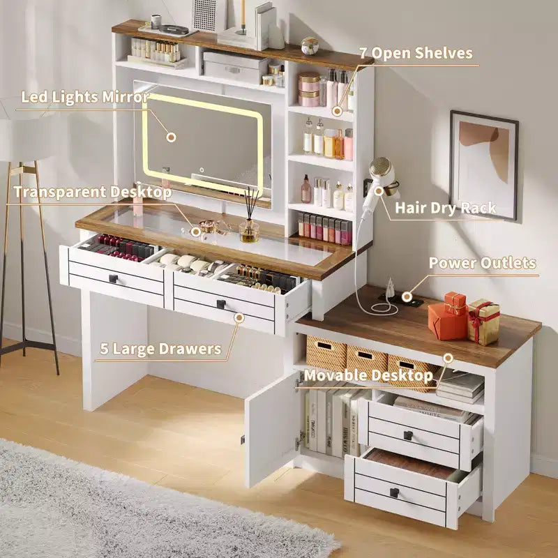 Corner Makeup Vanity with LED Mirror, Glass Top, Outlets & USB, 1 Door, 4 Drawers, 7 Shelves