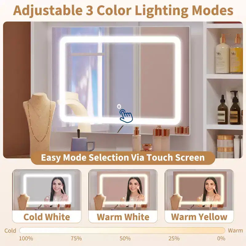 Corner Makeup Vanity with LED Mirror, Glass Top, Outlets & USB, 1 Door, 4 Drawers, 7 Shelves