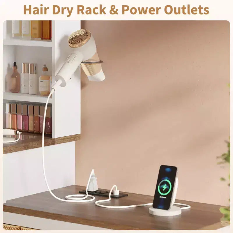Corner Makeup Vanity with LED Mirror, Glass Top, Outlets & USB, 1 Door, 4 Drawers, 7 Shelves