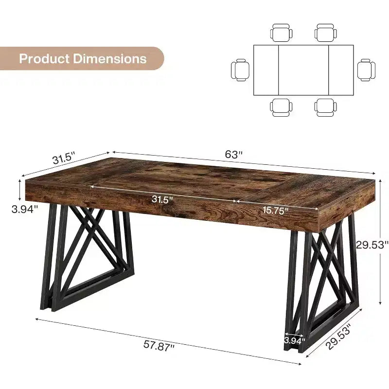 63'' Dining Table for 4-6, Kitchen Table with Sturdy Metal Legs, Rustic Brown & Black