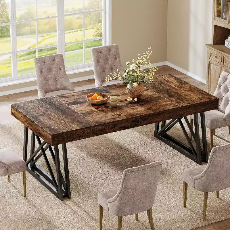 63'' Dining Table for 4-6, Kitchen Table with Sturdy Metal Legs, Rustic Brown & Black