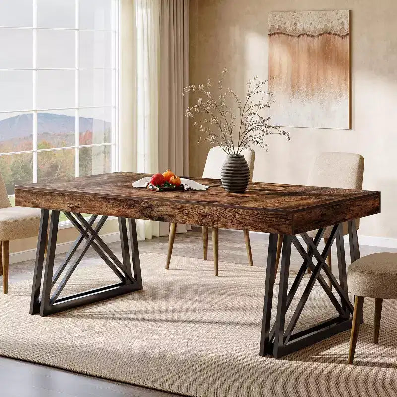 63'' Dining Table for 4-6, Kitchen Table with Sturdy Metal Legs, Rustic Brown & Black