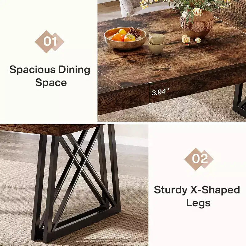 63'' Dining Table for 4-6, Kitchen Table with Sturdy Metal Legs, Rustic Brown & Black