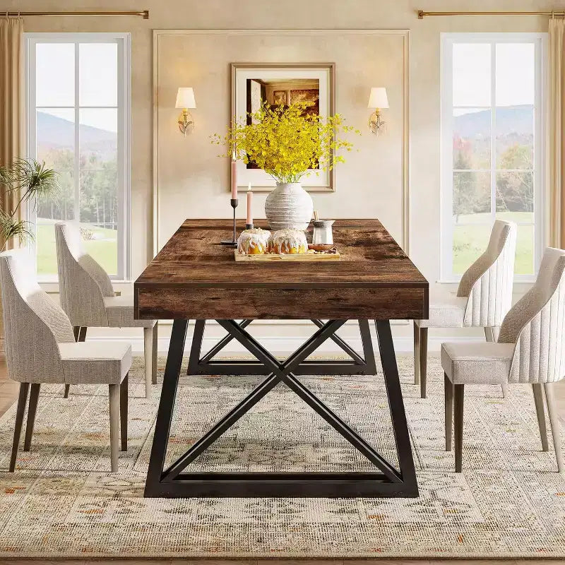 63'' Dining Table for 4-6, Kitchen Table with Sturdy Metal Legs, Rustic Brown & Black
