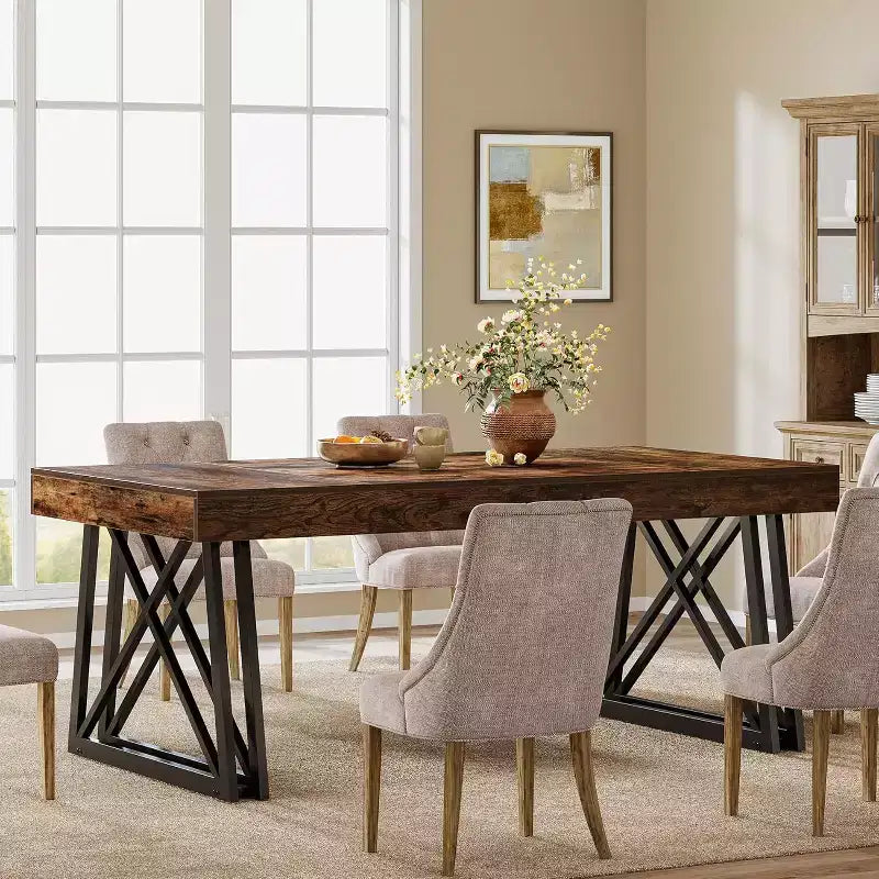 63'' Dining Table for 4-6, Kitchen Table with Sturdy Metal Legs, Rustic Brown & Black