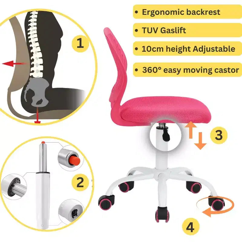 Study Desk Chair Armless, Ergonomic Small Swivel Adjustable Rolling Lightweight Task Chair with Wheels, Hot Pink