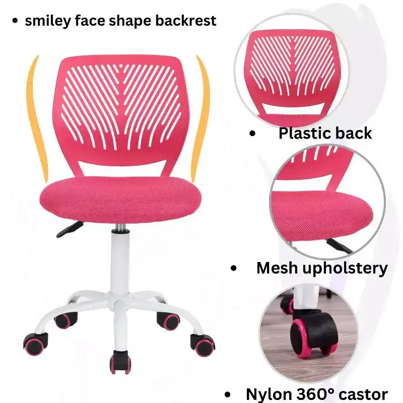 Study Desk Chair Armless, Ergonomic Small Swivel Adjustable Rolling Lightweight Task Chair with Wheels, Hot Pink