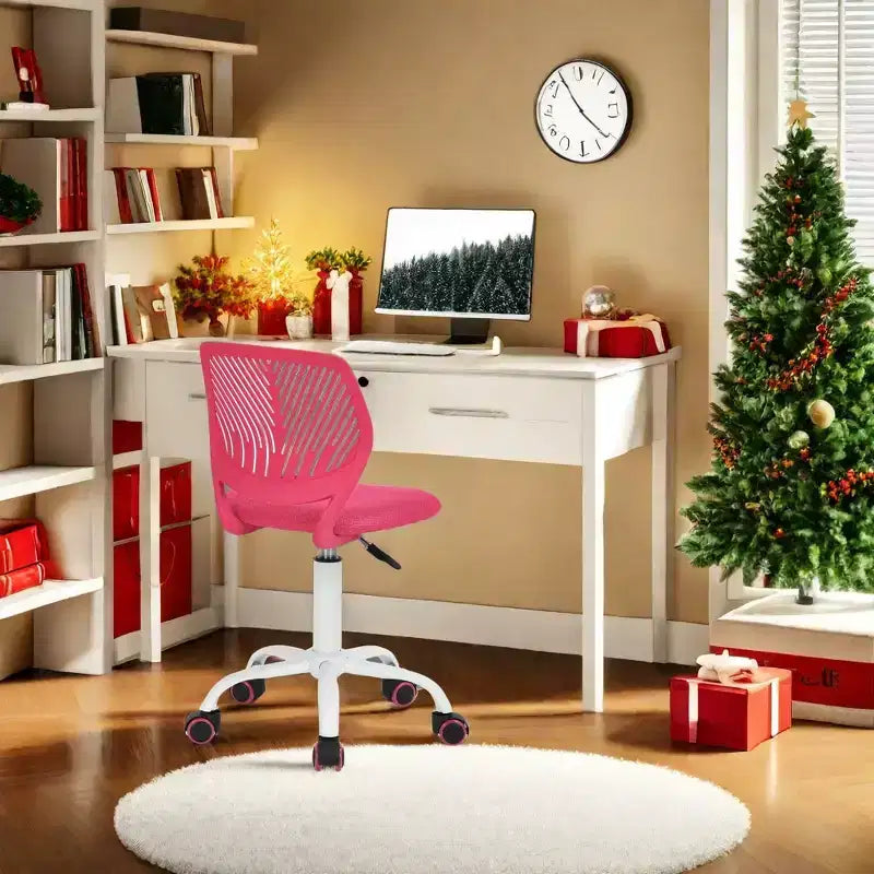 Study Desk Chair Armless, Ergonomic Small Swivel Adjustable Rolling Lightweight Task Chair with Wheels, Hot Pink