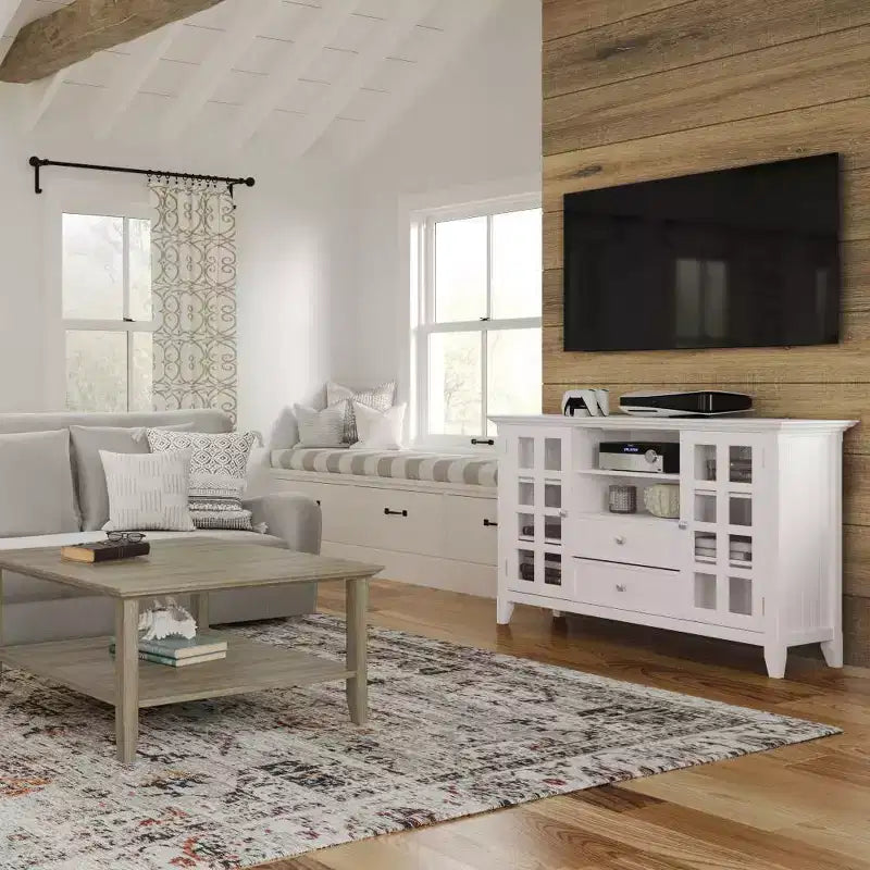 Tall TV Stand for TVs up to 60", White — Adjustable Shelves, Pine & Plywood