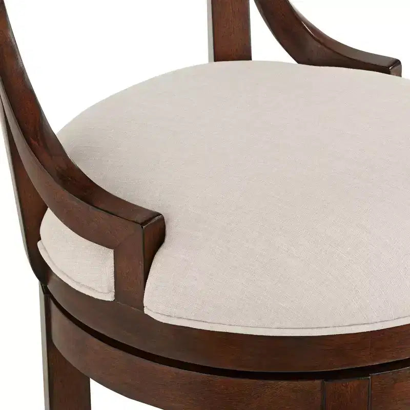 Walnut Wood Counter Bar Stool 24" High, Farmhouse Rustic Beige Linen Cushion with Backrest & Footrest