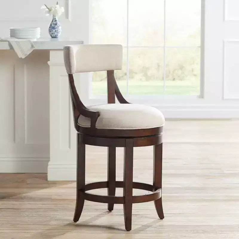 Walnut Wood Counter Bar Stool 24" High, Farmhouse Rustic Beige Linen Cushion with Backrest & Footrest