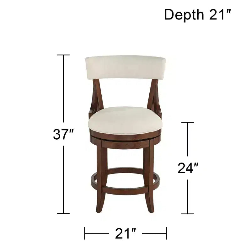 Walnut Wood Counter Bar Stool 24" High, Farmhouse Rustic Beige Linen Cushion with Backrest & Footrest