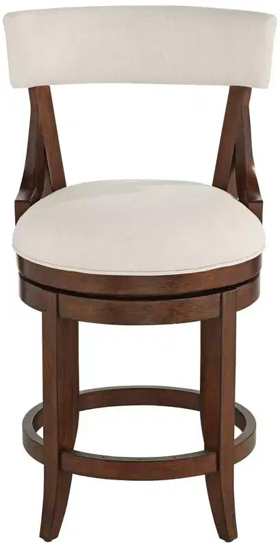 Walnut Wood Counter Bar Stool 24" High, Farmhouse Rustic Beige Linen Cushion with Backrest & Footrest