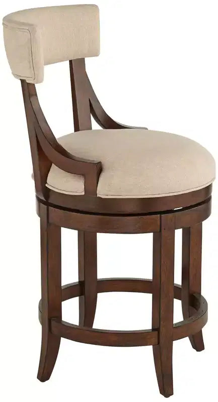 Walnut Wood Counter Bar Stool 24" High, Farmhouse Rustic Beige Linen Cushion with Backrest & Footrest