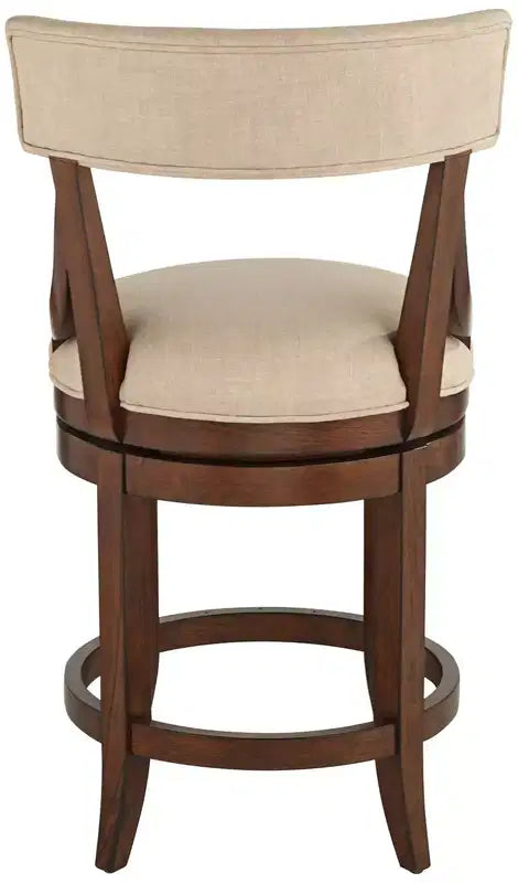 Walnut Wood Counter Bar Stool 24" High, Farmhouse Rustic Beige Linen Cushion with Backrest & Footrest