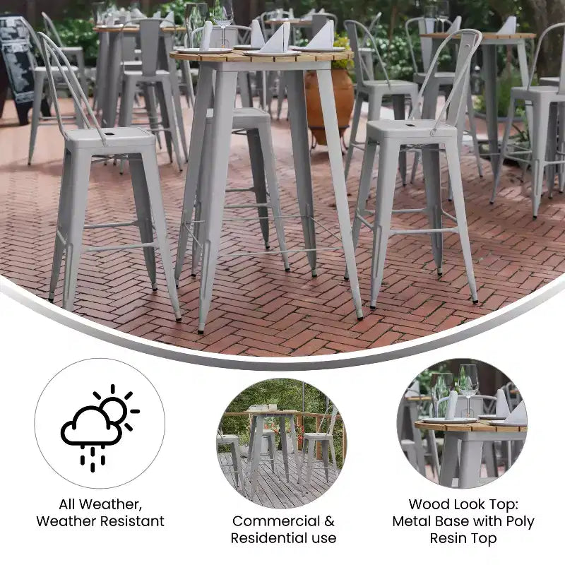 Indoor/Outdoor Bar Top Table, 30" Round All-Weather Poly Resin Top with Steel Base