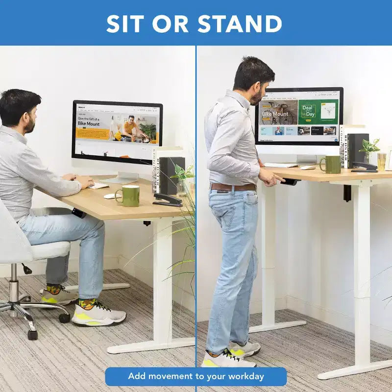 Electric Sit-Stand Desk with Tabletop — White / Maple