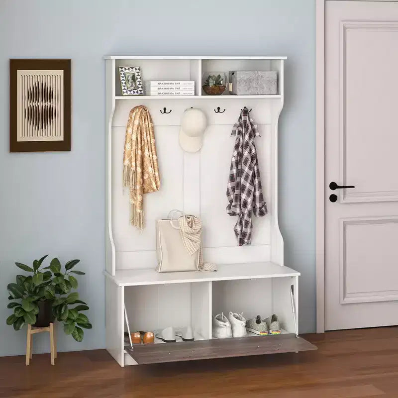 63" Hall Tree with Coat Rack, Storage Bench & Cabinet, Black/White