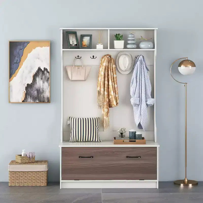 63" Hall Tree with Coat Rack, Storage Bench & Cabinet, Black/White