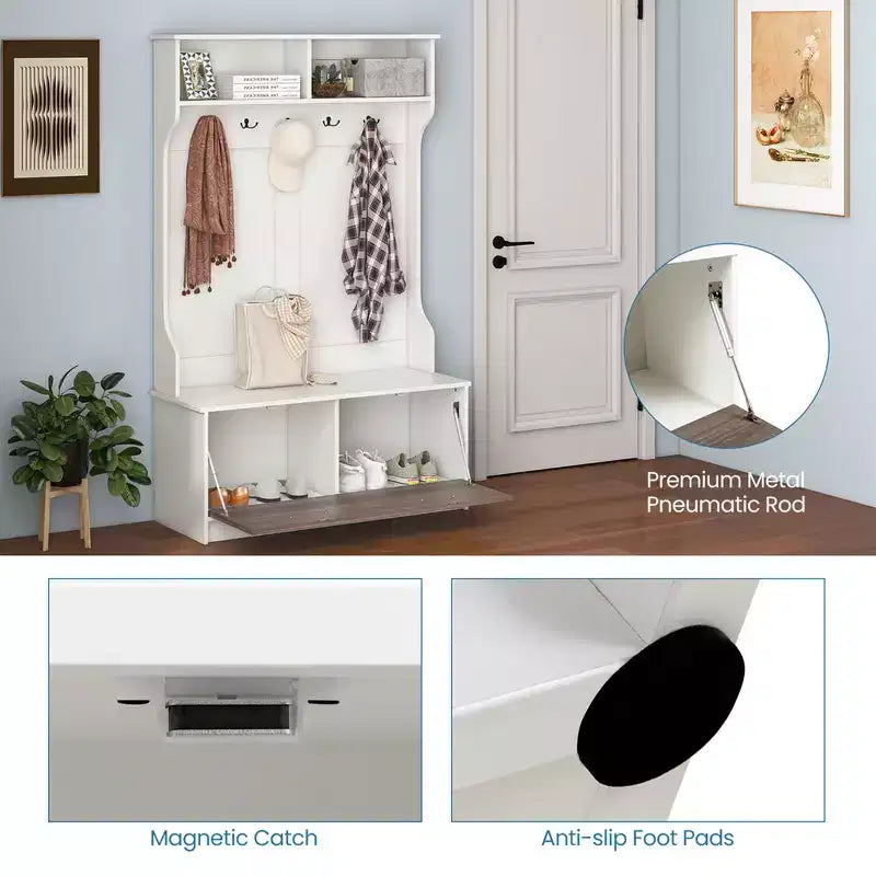 63" Hall Tree with Coat Rack, Storage Bench & Cabinet, Black/White