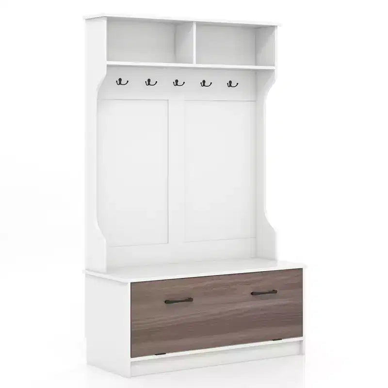 63" Hall Tree with Coat Rack, Storage Bench & Cabinet, Black/White